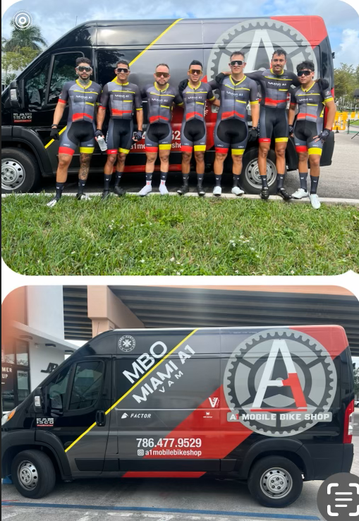The Miami A1 team in matching kits in front of the A1 Mobile Bike Shop van, and the van's side wrap